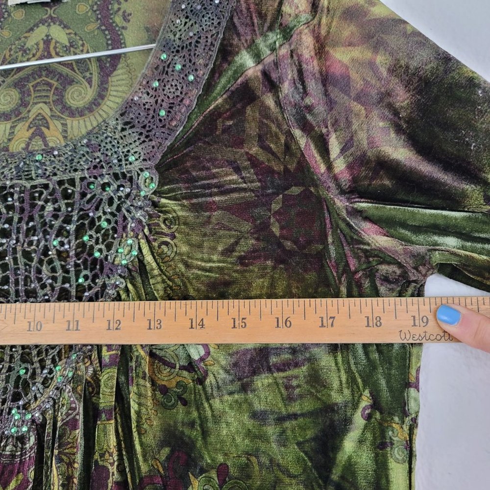 One World Womens Size M 3/4 Sleeve Embellished Beaded Sequin Boho Velour Top - Picture 5 of 14